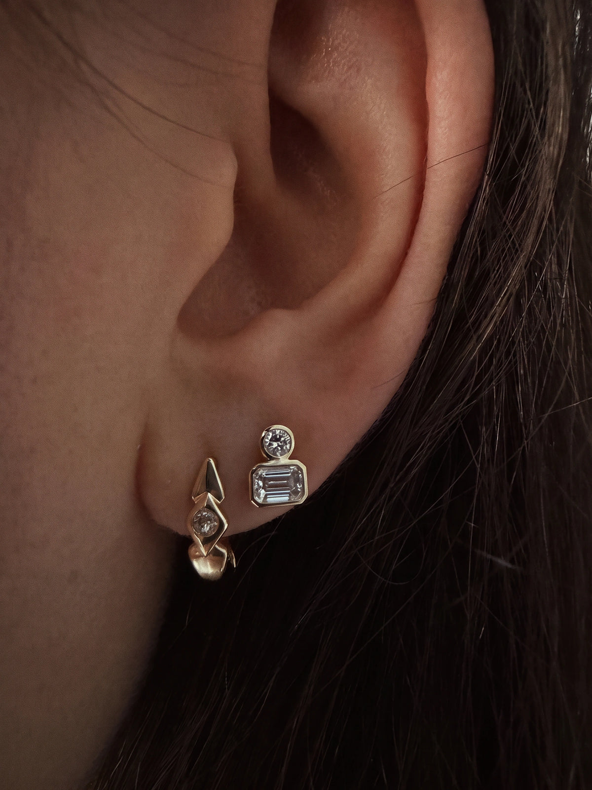 Emerald & Round Diamond Studs